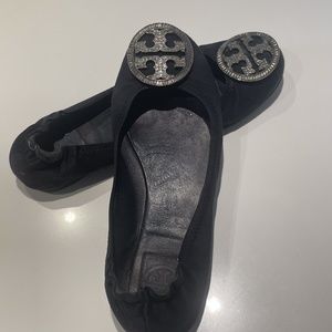 Tory Burch Black Satin Ballet Flats with Jeweled Logo
